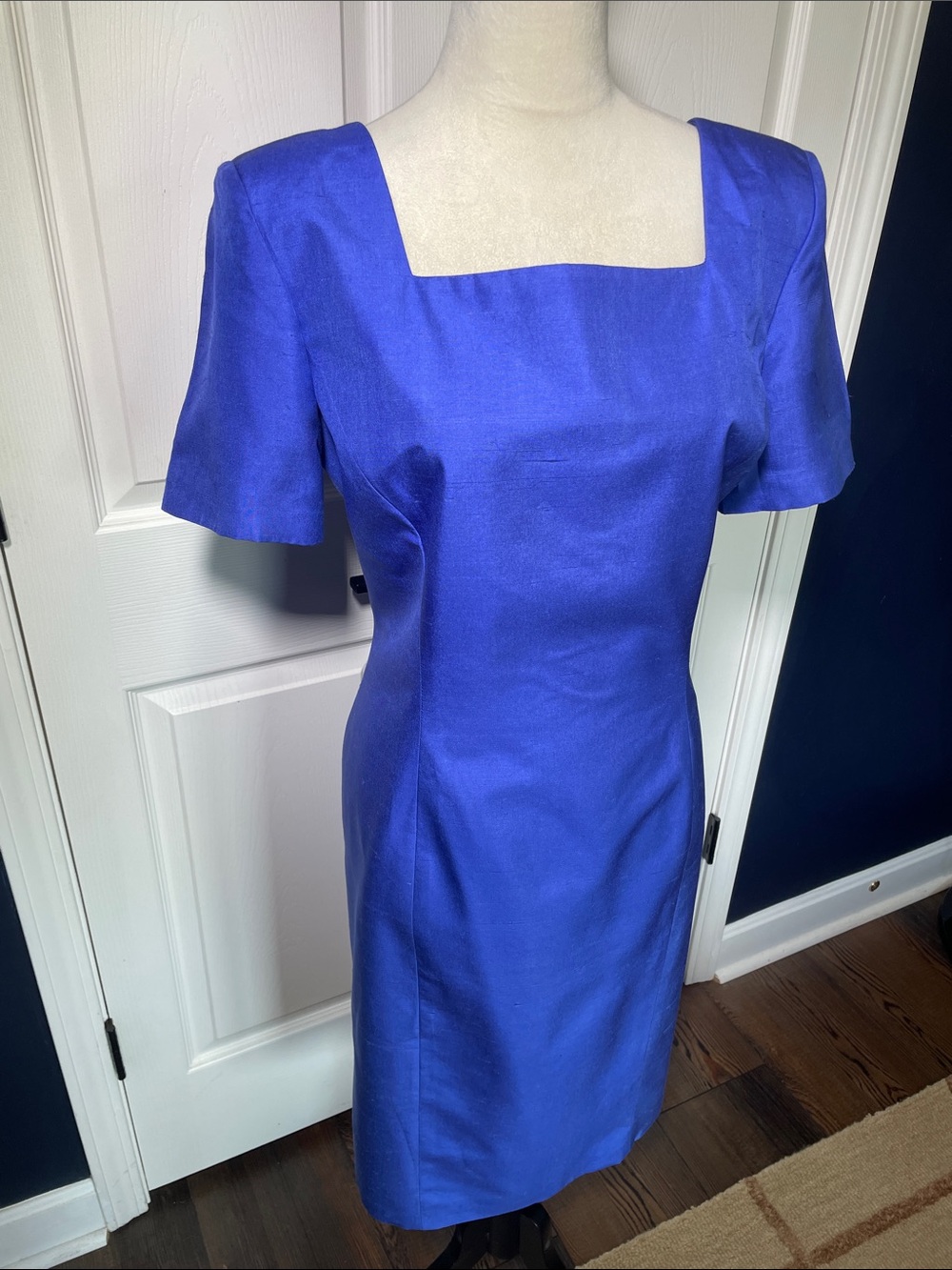 Vintage Oleg Cassini Style Cobalt Blue Raw Silk Square Neck Sheath Dress Size 14